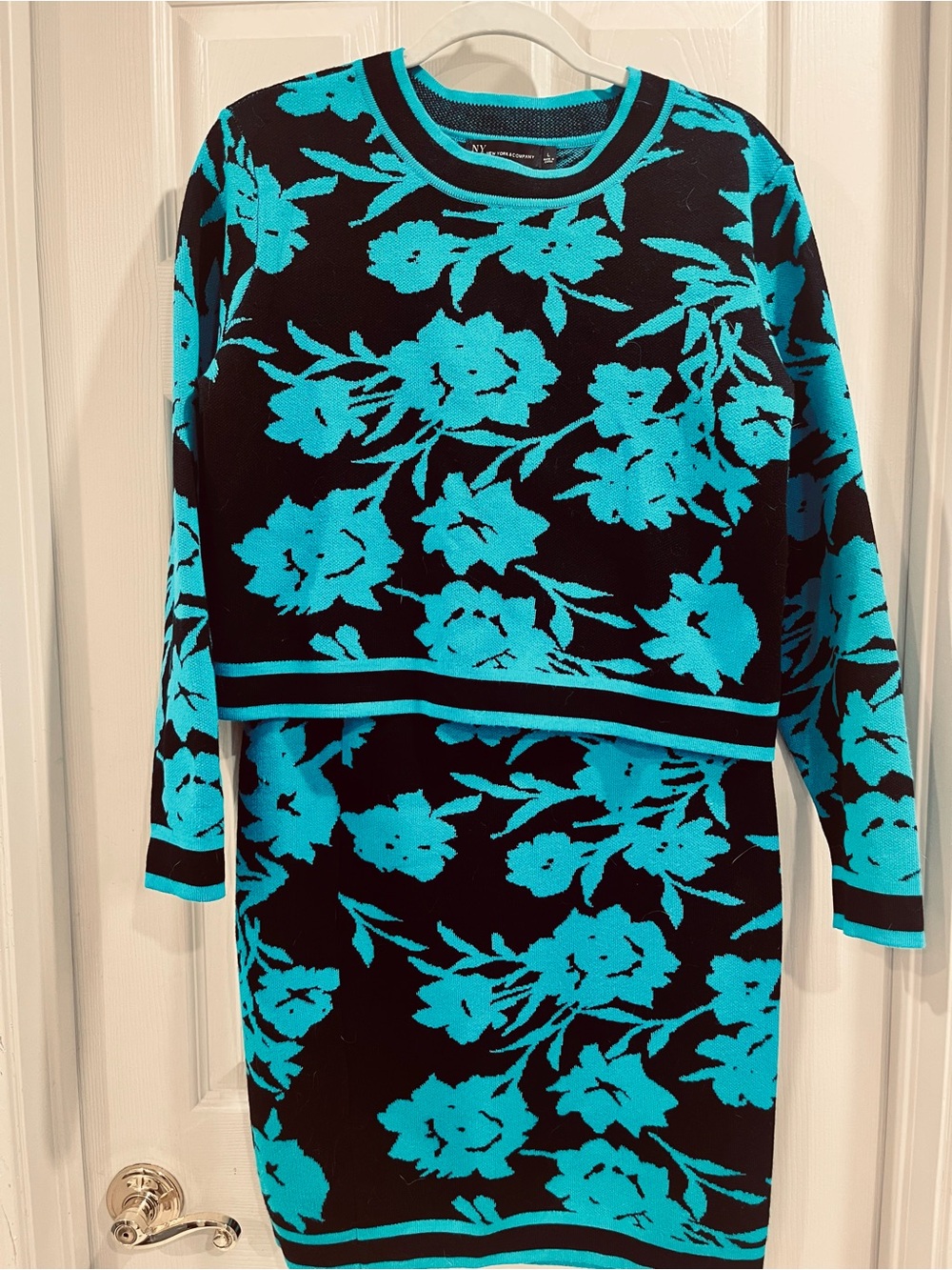 New York & Company Black and Bright Blue Striped Sweater Matching top and skirt